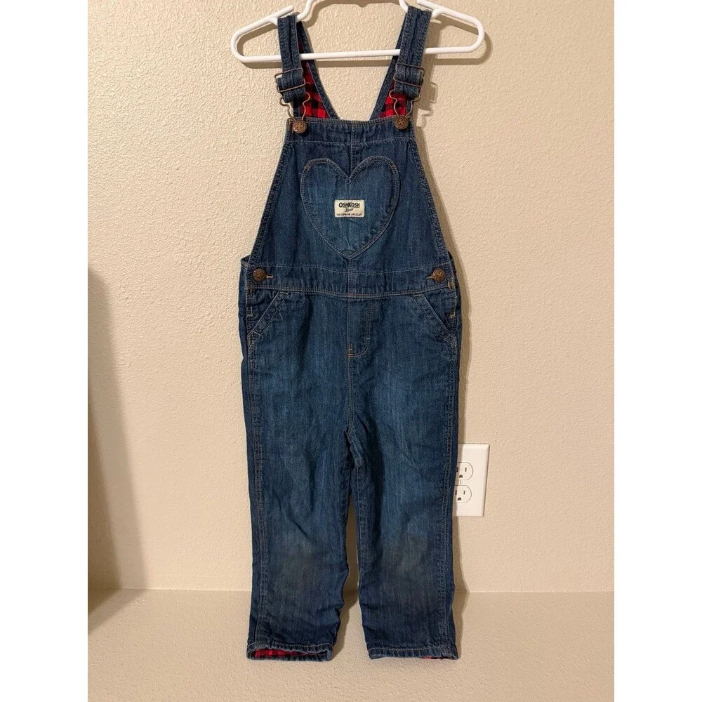 OshKosh Denim Overalls Red And Black Checked Lining Heart Pocket 5T